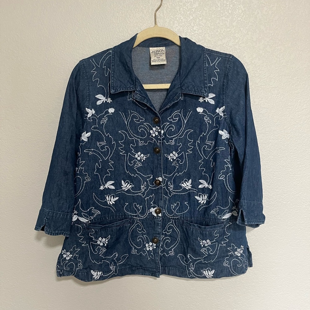 Allison Daley Blue Jean Jacket with Paisley White Embroidery